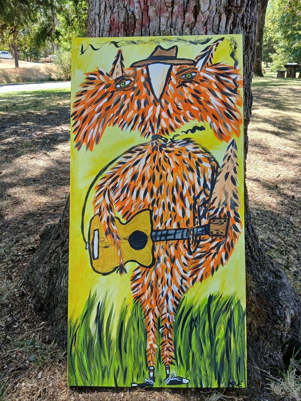 Fox Playing Guitar Painting Folk Art
